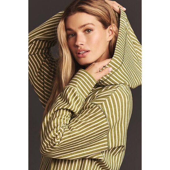 PILCRO Wharfside Green Striped Cotton Terry V-Neck Hooded Sweatshirt, Size S - Picture 4 of 14